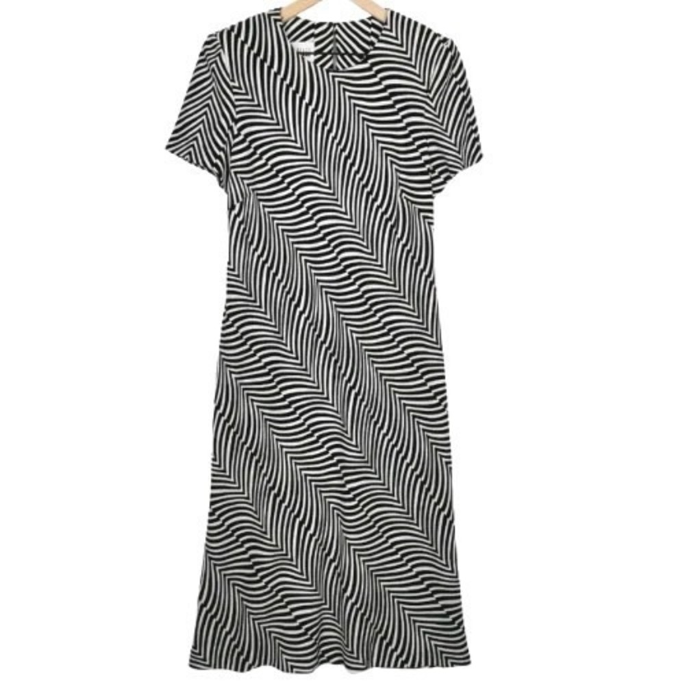 Leslie Fay Vtg 90s Midi Shift Dress 14 Black White Psychedelic Mod Retro Wavy